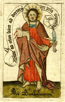 'Standing male saint with a knife, called St Bartholomew by an early user'. London, British Museum. Hand-coloured engraving formerly pasted in a manuscript book of hours.
